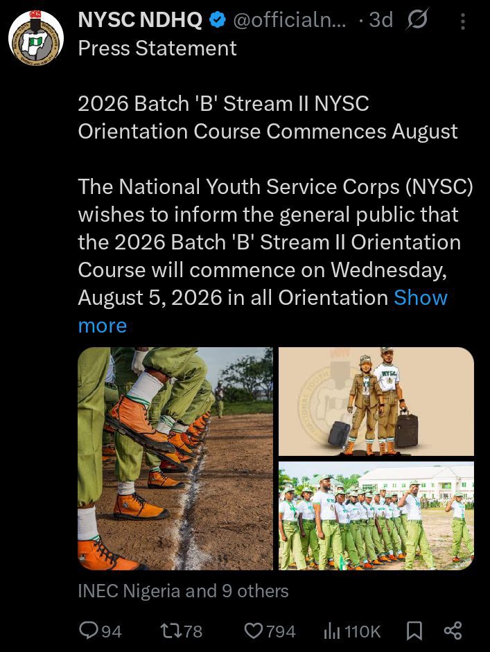NYSC Announces August 5 Start Date for 2026 Batch B Stream II Orientation 2 screenshot 20260724 113458821361304876739497
