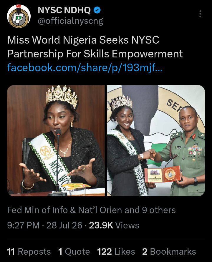 Miss World Nigeria Seeks NYSC Partnership to Promote Youth Skills Development 2 screenshot 20260731 1953327156576911296544519