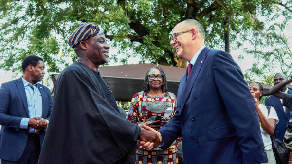 Nigeria's Minister of Education Dr Tunji Alausa greeting University of Birmingham Provost Professor Nick Vaughan-Williams at the launch of the UNILAG and Birmingham joint degrees