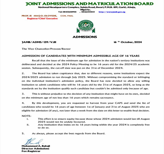 JAMB advisory graphic on the admissible age for university admission